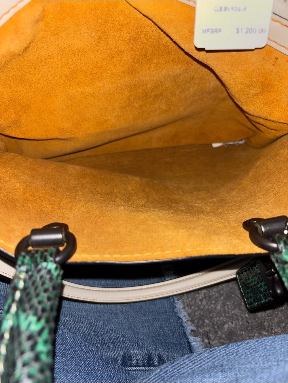 Coach Rogue Green Leather Satchel with Cream Trim and snakeskin handles. - Picture 7 of 11